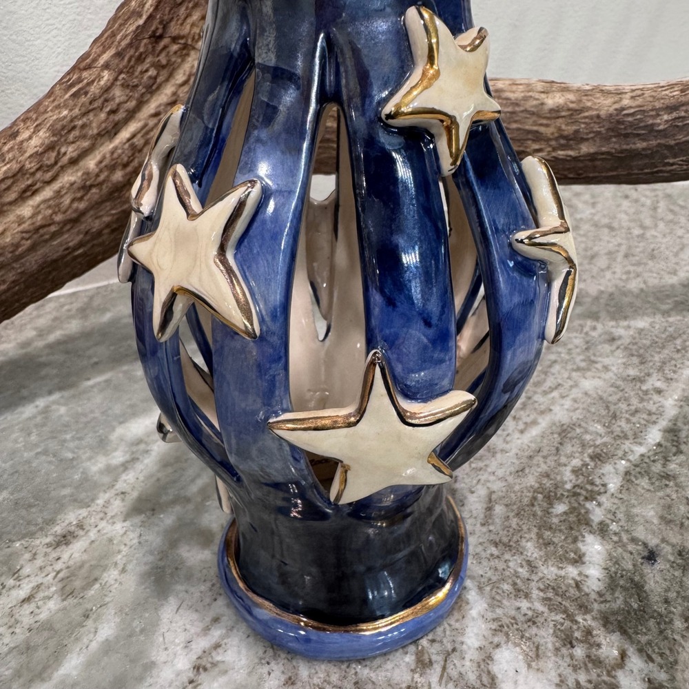 Heather Goldminc Blue Ceramic Star Luminary Candle Holder Gold Trim rare find - Picture 3 of 5